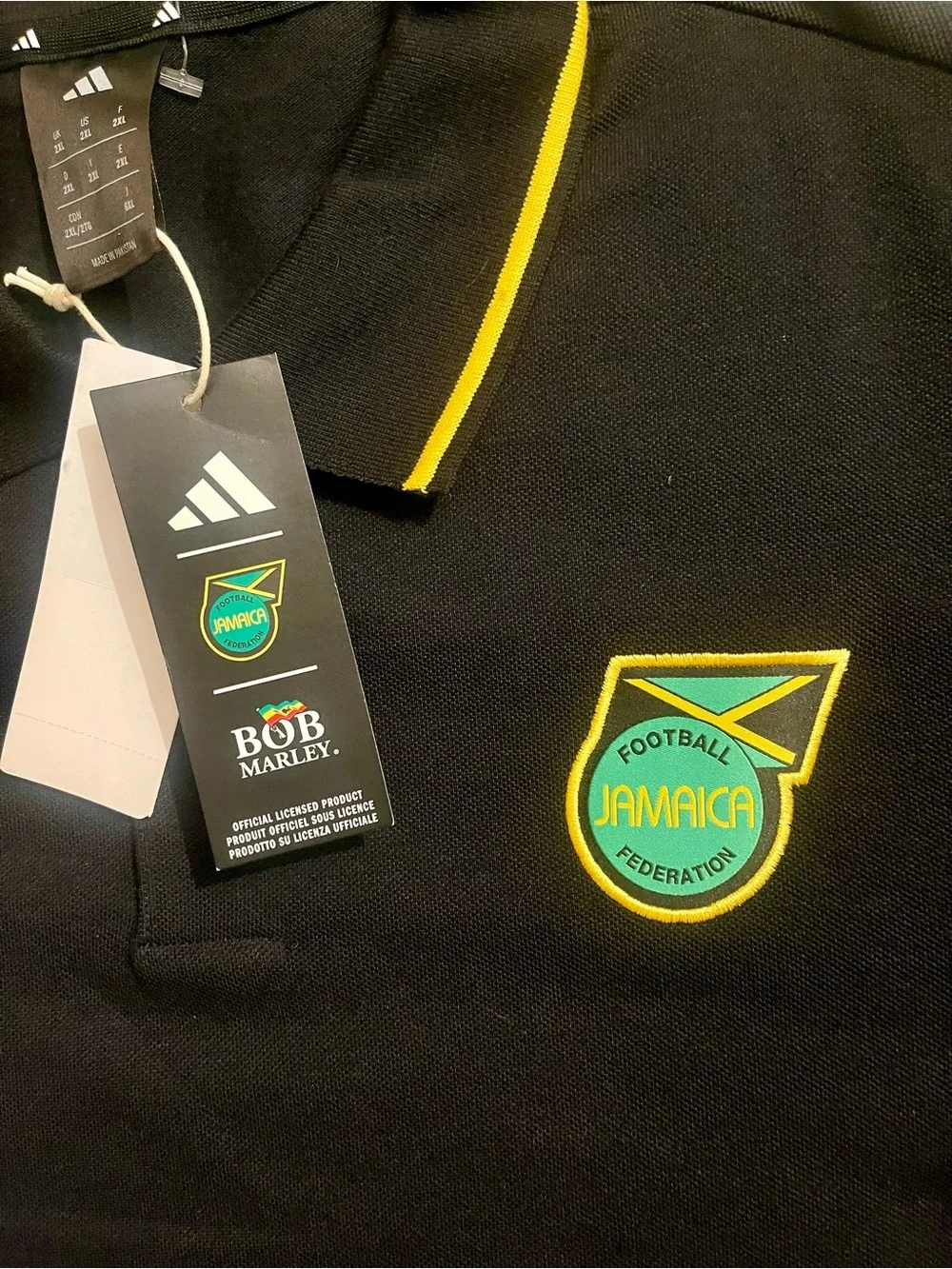 Adidas x Bob Marley Black Polo Shirt w/ Yellow, Green Trim - Jamaica Collab
